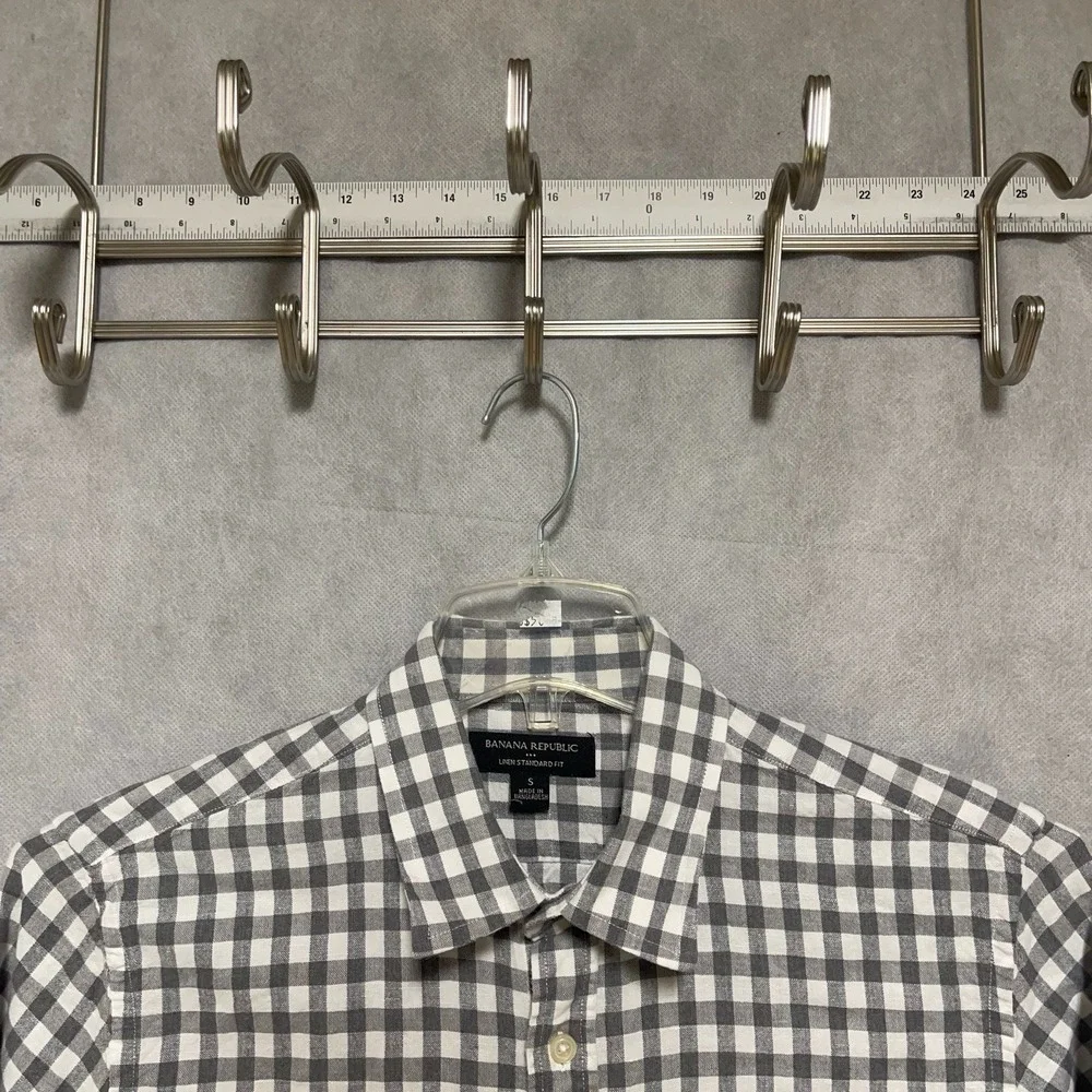 Banana Republic Shirt Men S Standard Gingham Check Linen Cotton Roll Up Sleeves